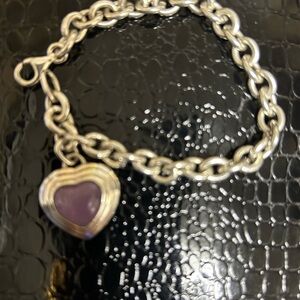 Vintage Lavender Jade heart CNA 9.25 Sterling Silver Heart Charm Bracelet.